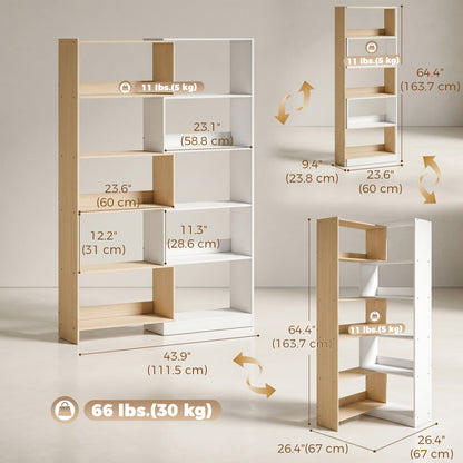 Corner Bookshelf, 5-Tier L-Shaped Bookcase with 350° Rotating Design, Two-Tone Design, Fruitwood/White