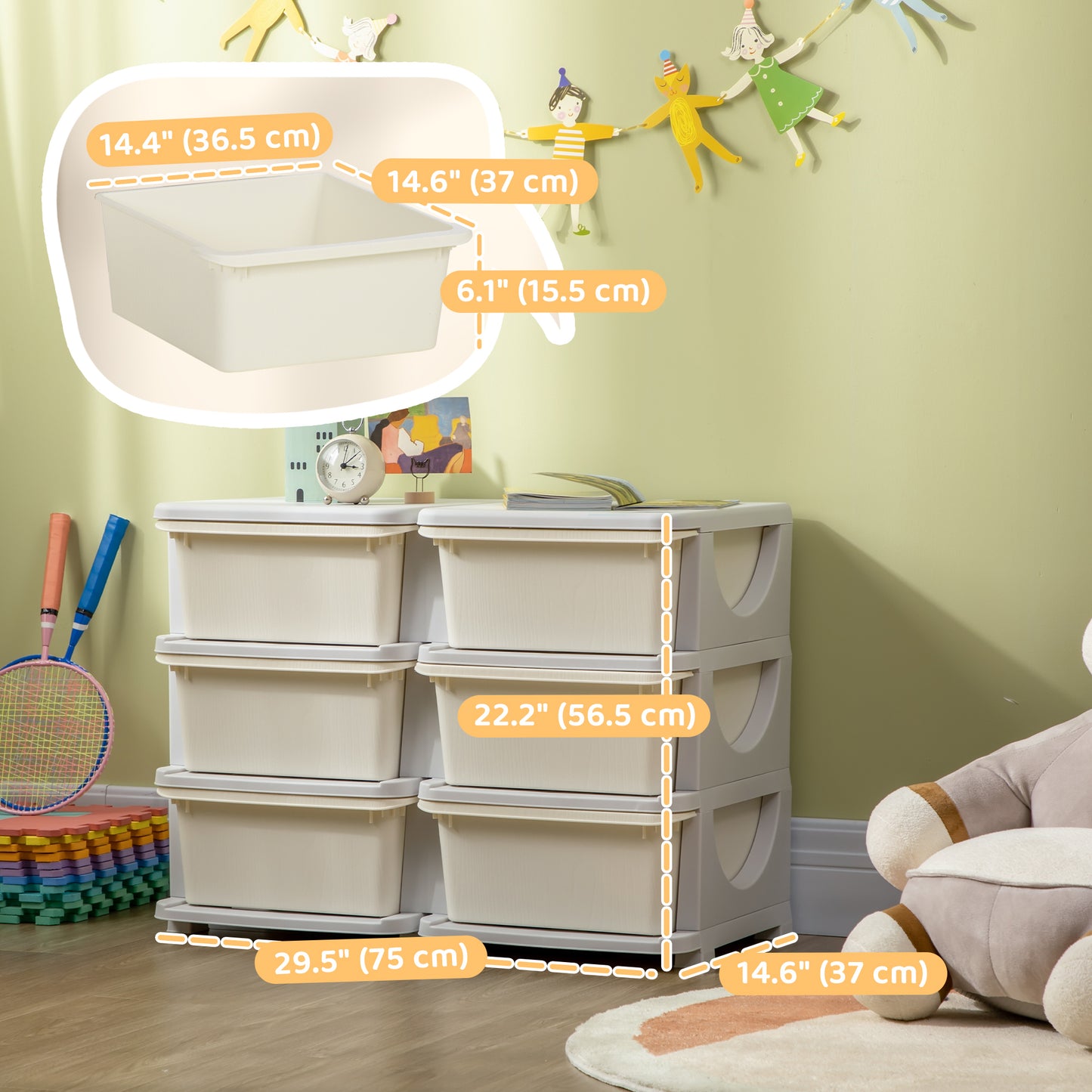 Qaba 3 Tier Kids Toy Organizer and Storage Bins with 6 Plastic Drawers, Cream White