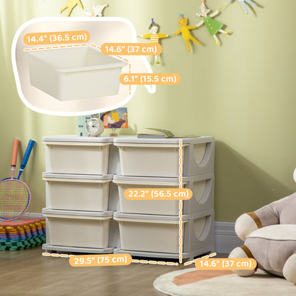 Qaba 3 Tier Kids Toy Organizer and Storage Bins with 6 Plastic Drawers, Cream White