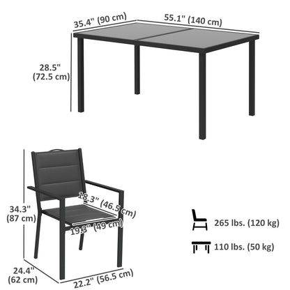 5 Piece Outdoor Dining Set w/ 4 Stackable Chairs, Rectangle Table, Tempered Glass Top, Steel Frame, Black