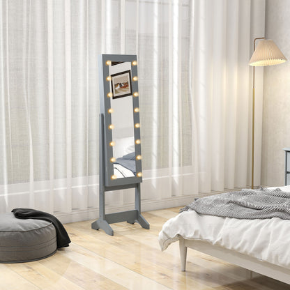 Free Standing Armoire Organizer, Lighted Mirrored Jewelry Cabinet w/ Angle Adjustable & 16 LED Lights, Grey
