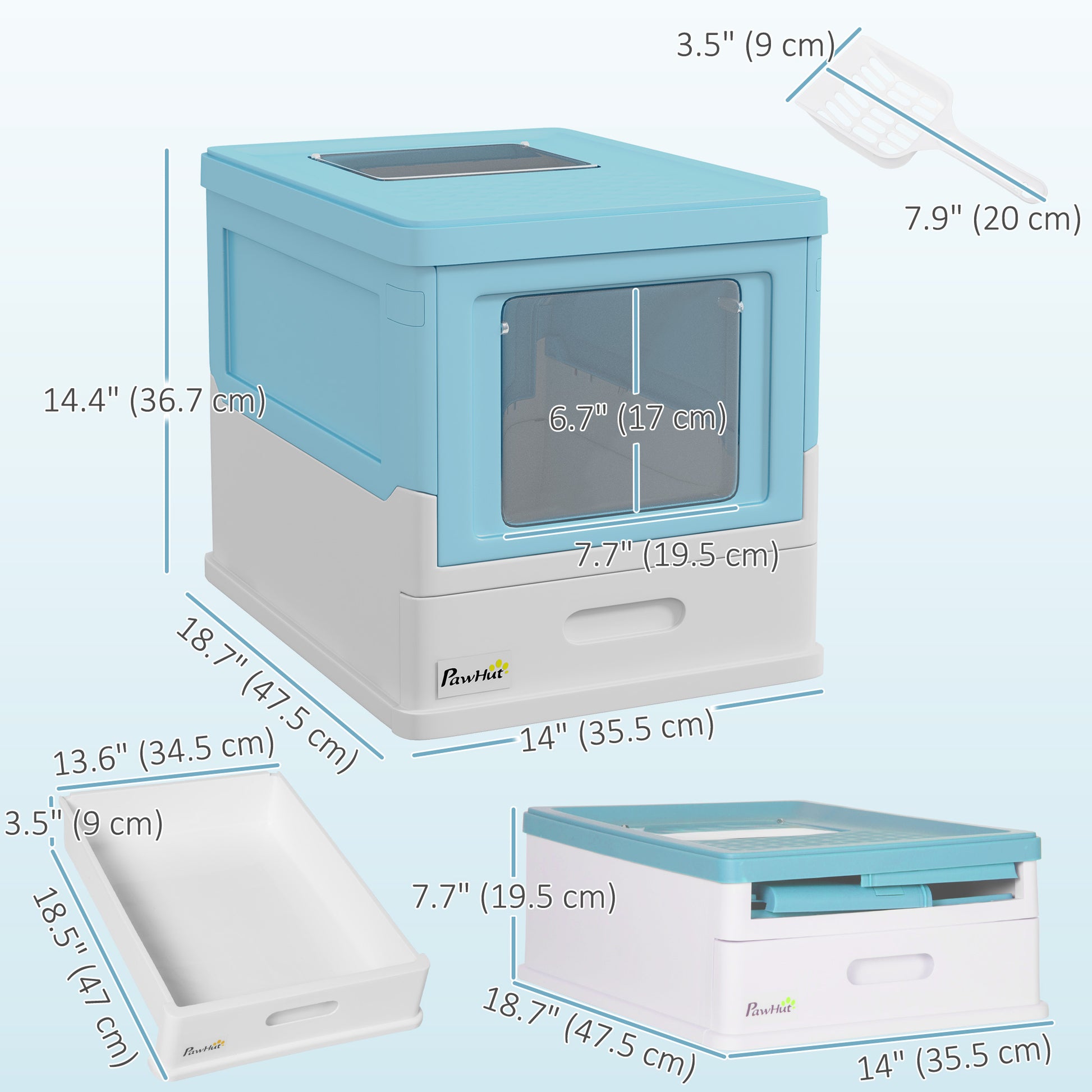 Top Entry Enclosed Kitty Litter Box with Scoop, Tray, Front Entry, Large Space, Foldable, Portable, Blue