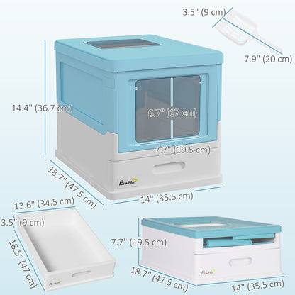 Top Entry Enclosed Kitty Litter Box with Scoop, Tray, Front Entry, Large Space, Foldable, Portable, Blue