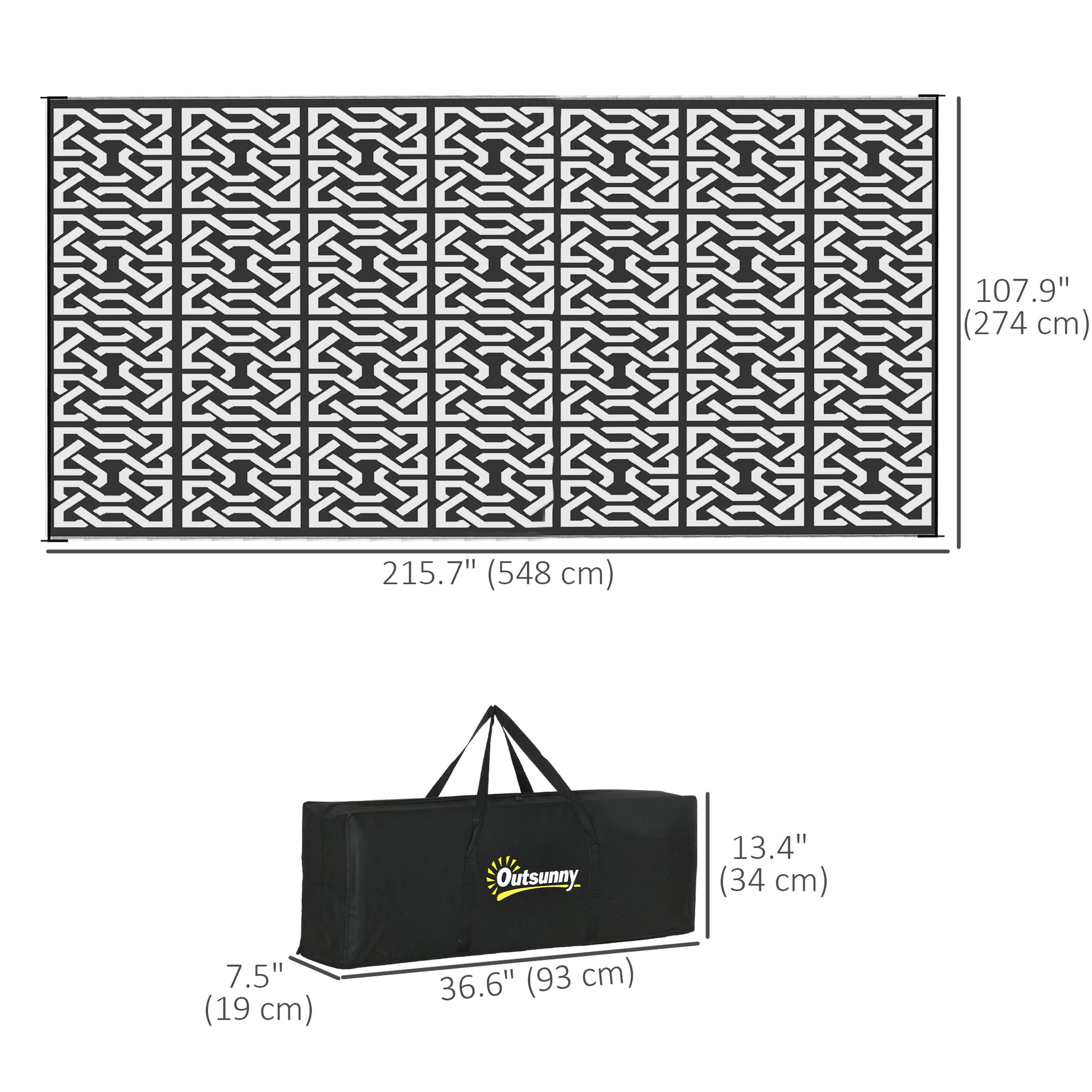 Reversible Outdoor Rug Waterproof Plastic Straw RV Rug with Carry Bag, 9' x 18', Black and White Chain