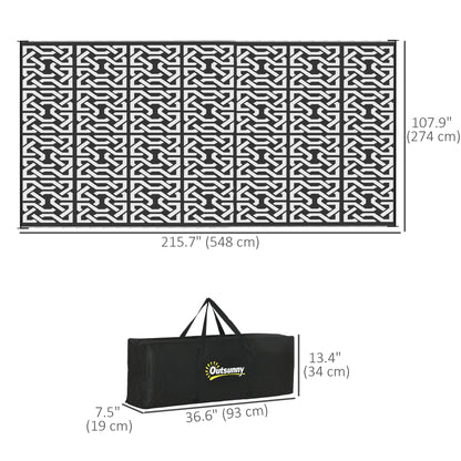 Reversible Outdoor Rug Waterproof Plastic Straw RV Rug with Carry Bag, 9' x 18', Black and White Chain