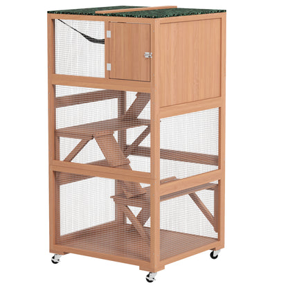 34" L Catio Outdoor Cat Enclosure on Wheels with Hammock Multiple Platforms Resting Condo Ramps, for 1-3 Cats, Orange