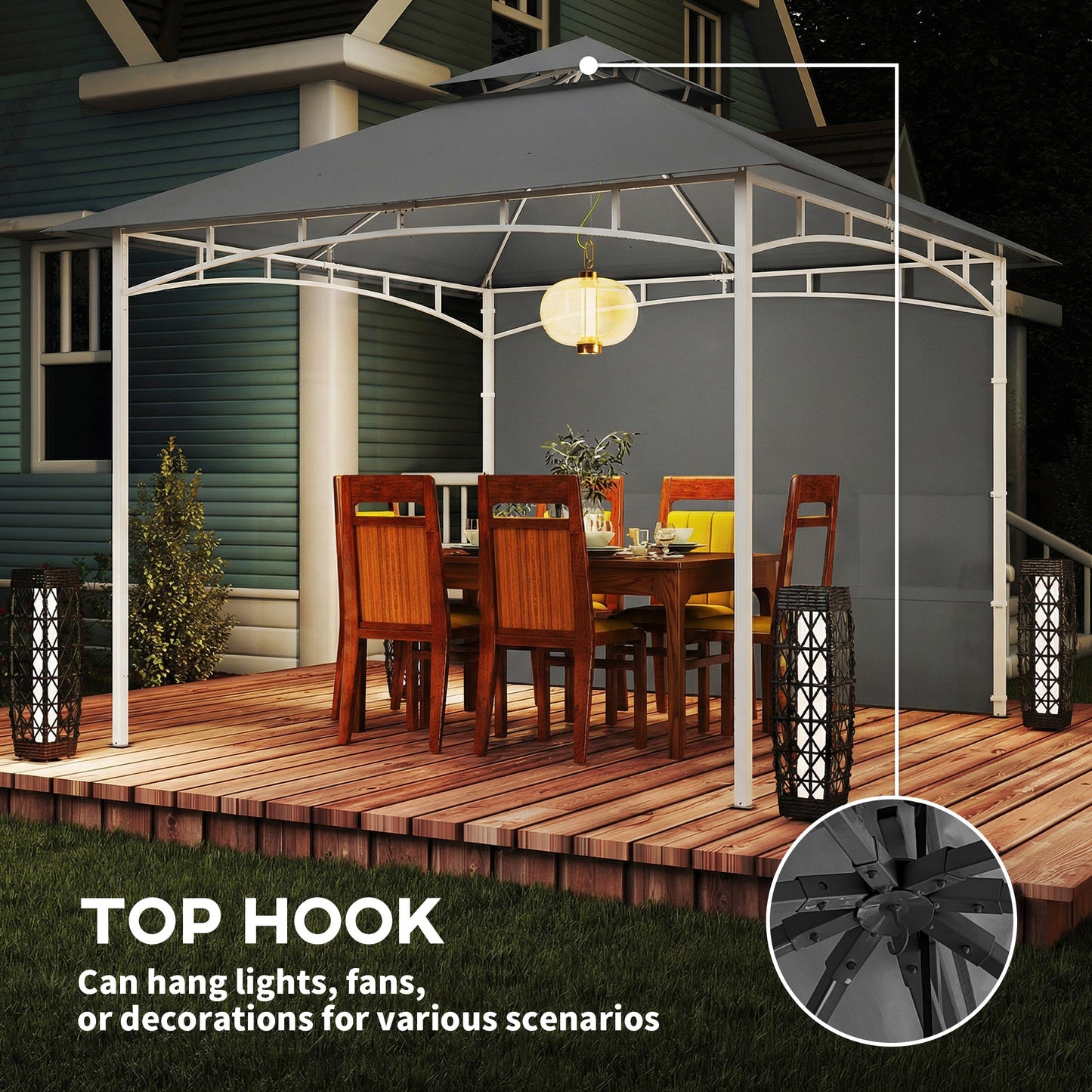 10' x 10' Patio Gazebo, Double Roof Outdoor Gazebo Canopy Shelter with Storage, Hook, Metal Frame, Dark Grey