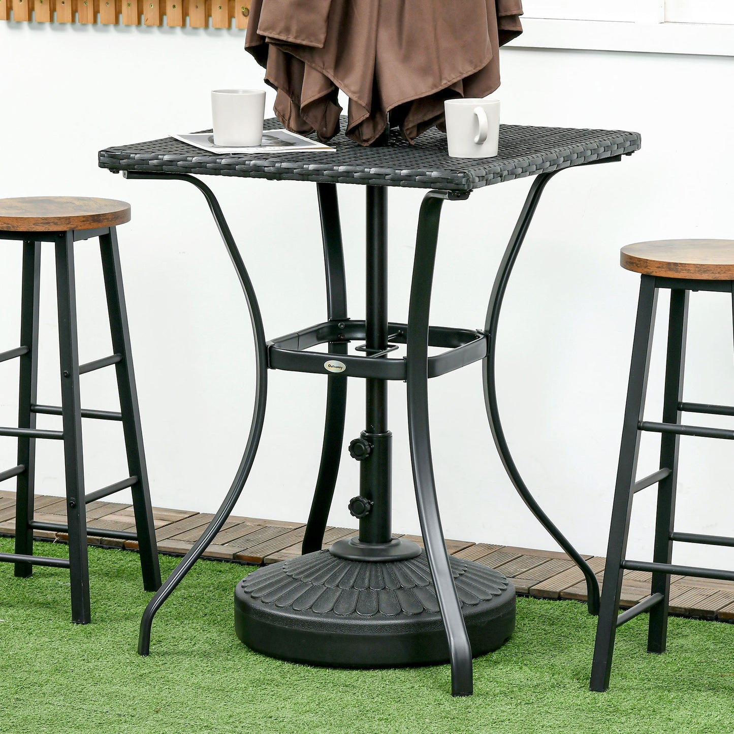 Patio Wicker Dining Table with Umbrella Hole, 34 Inch Outdoor PE Rattan Coffee Table with Plastic Board Under the Woven Table Top for Patio, Garden, Balcony, Black