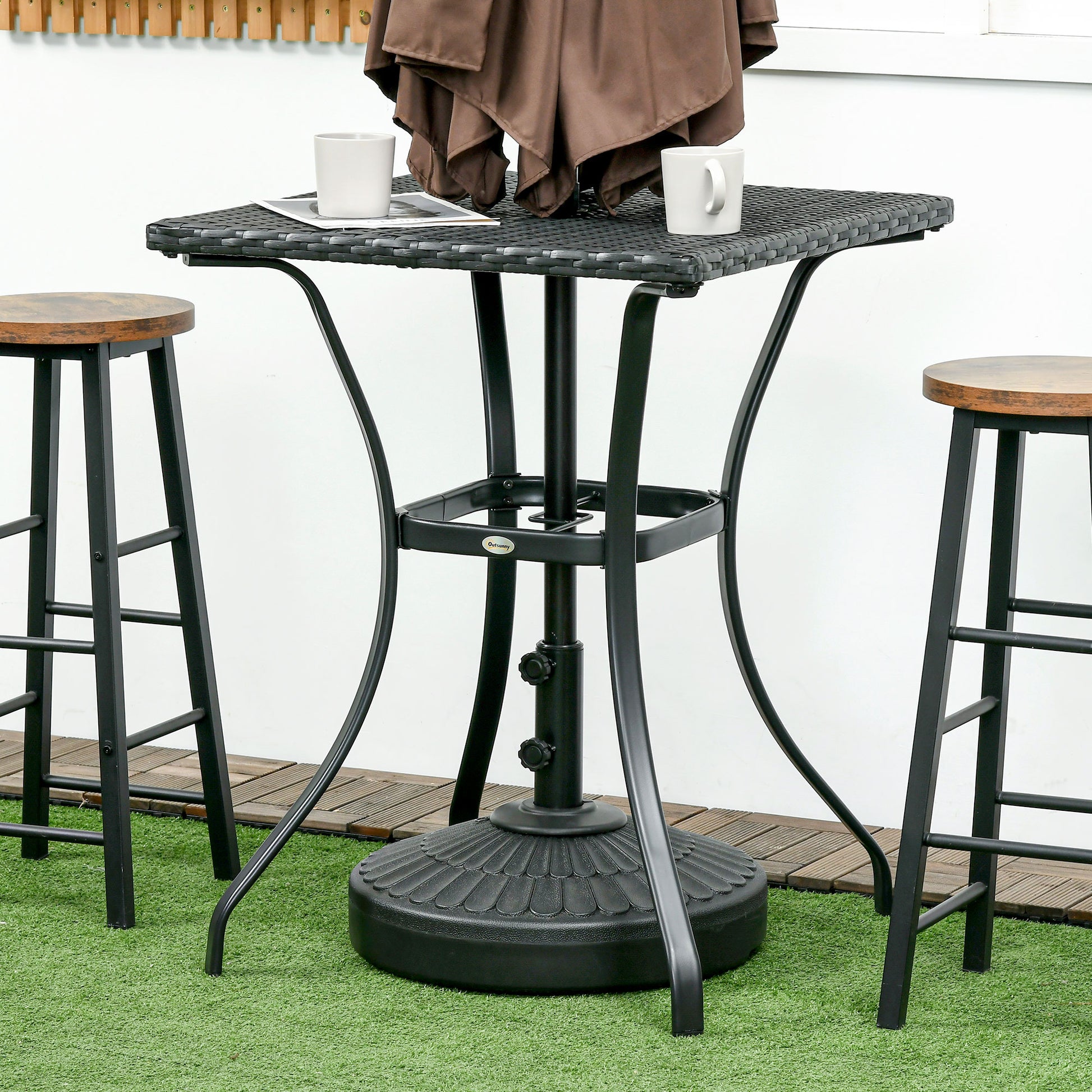 Patio Wicker Dining Table with Umbrella Hole, 34 Inch Outdoor PE Rattan Coffee Table with Plastic Board Under the Woven Table Top for Patio, Garden, Balcony, Black