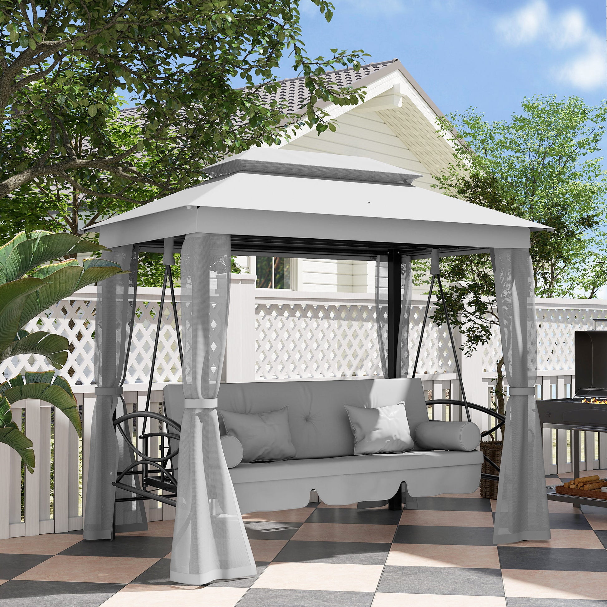 3 Person Outdoor Patio Daybed, 3 in 1 Canopy Gazebo Swing Chair Garden Hammock with Mesh Mosquito and Sun Shade, Grey