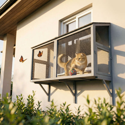 Catio Outdoor Cat Enclosure Expandable Wooden Cat House with 2 Doors for Window, 51.2"L