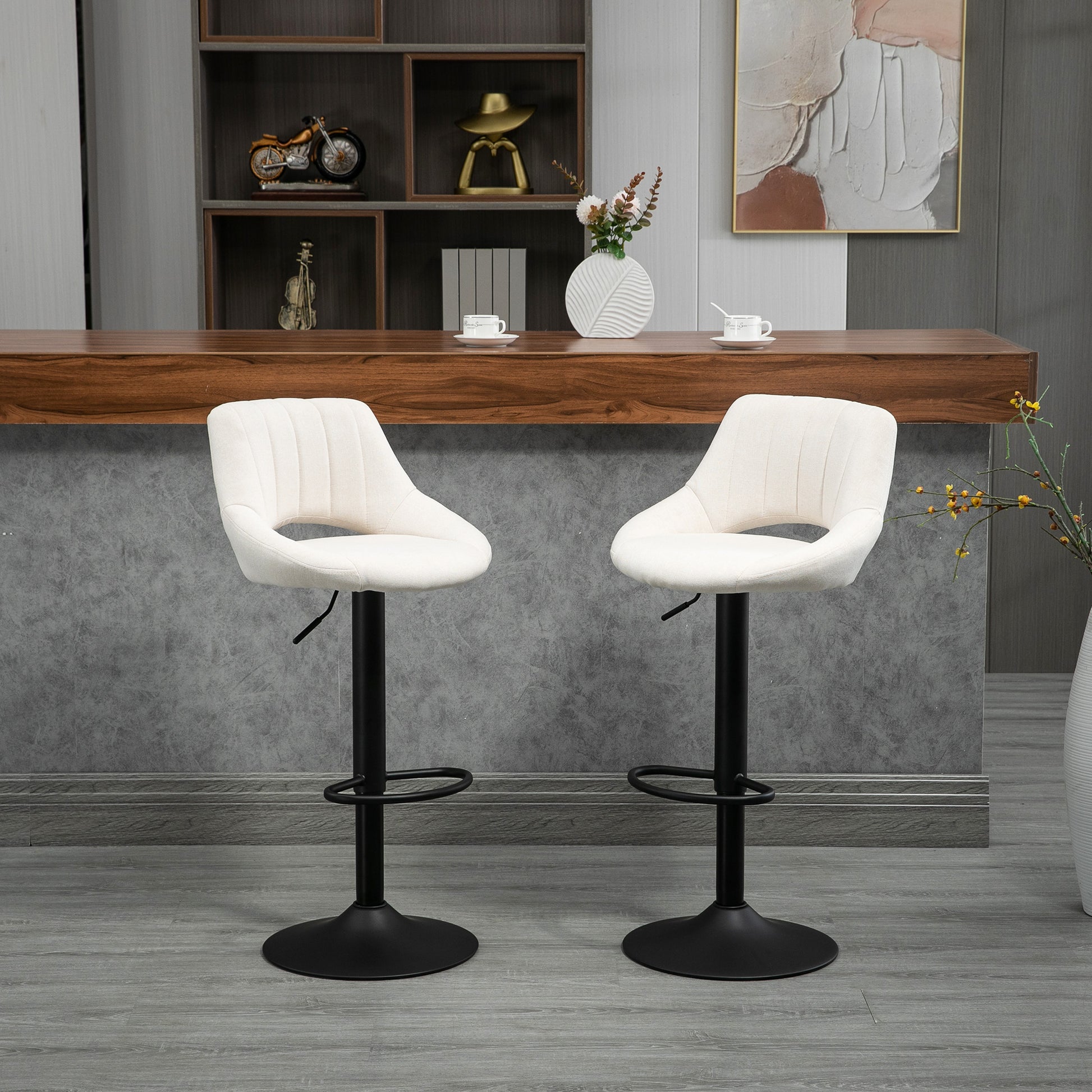 Bar Stools Set of 2, Swivel Counter Height Barstools with Adjustable Height, Linen Upholstered Bar Chairs with Round Metal Base and Footrest, Cream