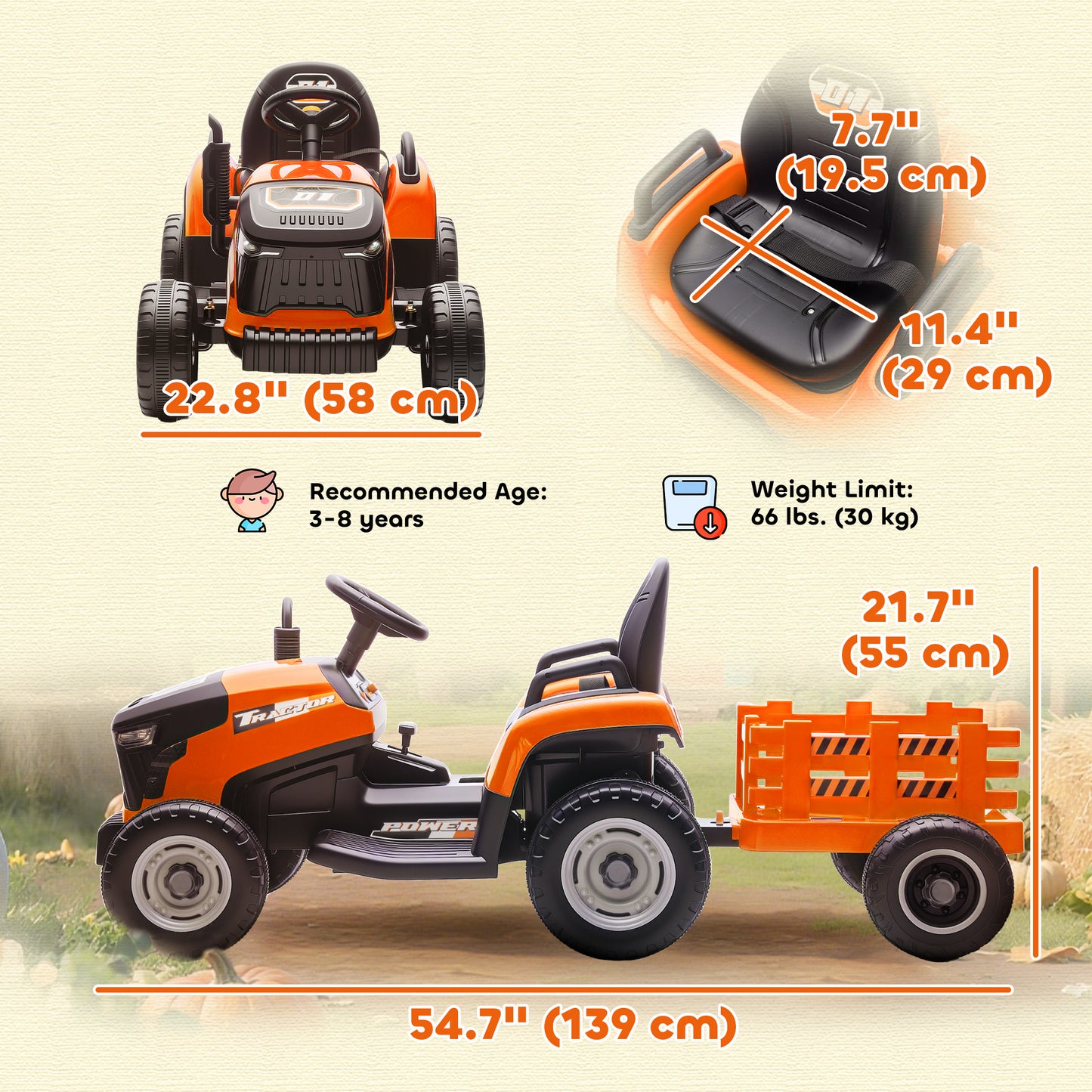Qaba 12V Kids Ride On Tractor with Trailor, Remote Control, Music, Lights, Shifter, for Kids Ages 3-8 Years, Orange