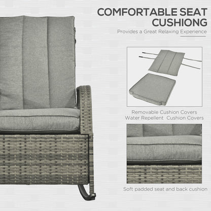 Outdoor Wicker Rocking Chair with Cushion, Patio PE Rattan Recliner Chair with Adjustable Footrest, Armrests, Mixed Grey