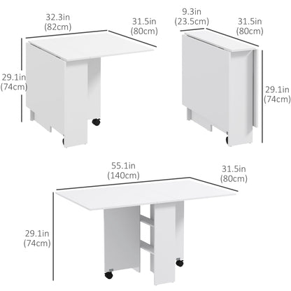 Folding Dining Table, 55" Drop Leaf Table for Small Spaces, Foldable Table with Storage Shelves for Kitchen, Dining Room, White