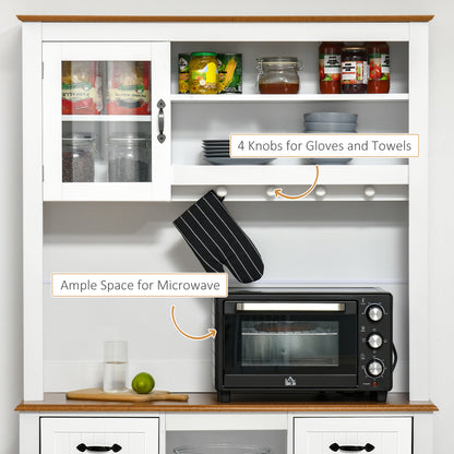 71" Kitchen Buffet with Hutch, Farmhouse Style Storage Cupboard with Utility Drawer, 3 Door Cabinets and 5-tier Shelves, White
