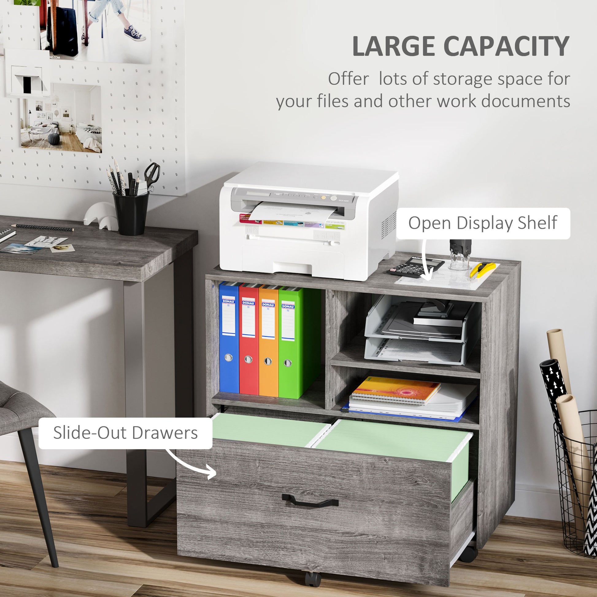Lateral Filing Cabinet with Open Storage Shelf, Printer Stand, Mobile Office File Cabinet with Wheels for Letter and Legal Sized Files, Grey