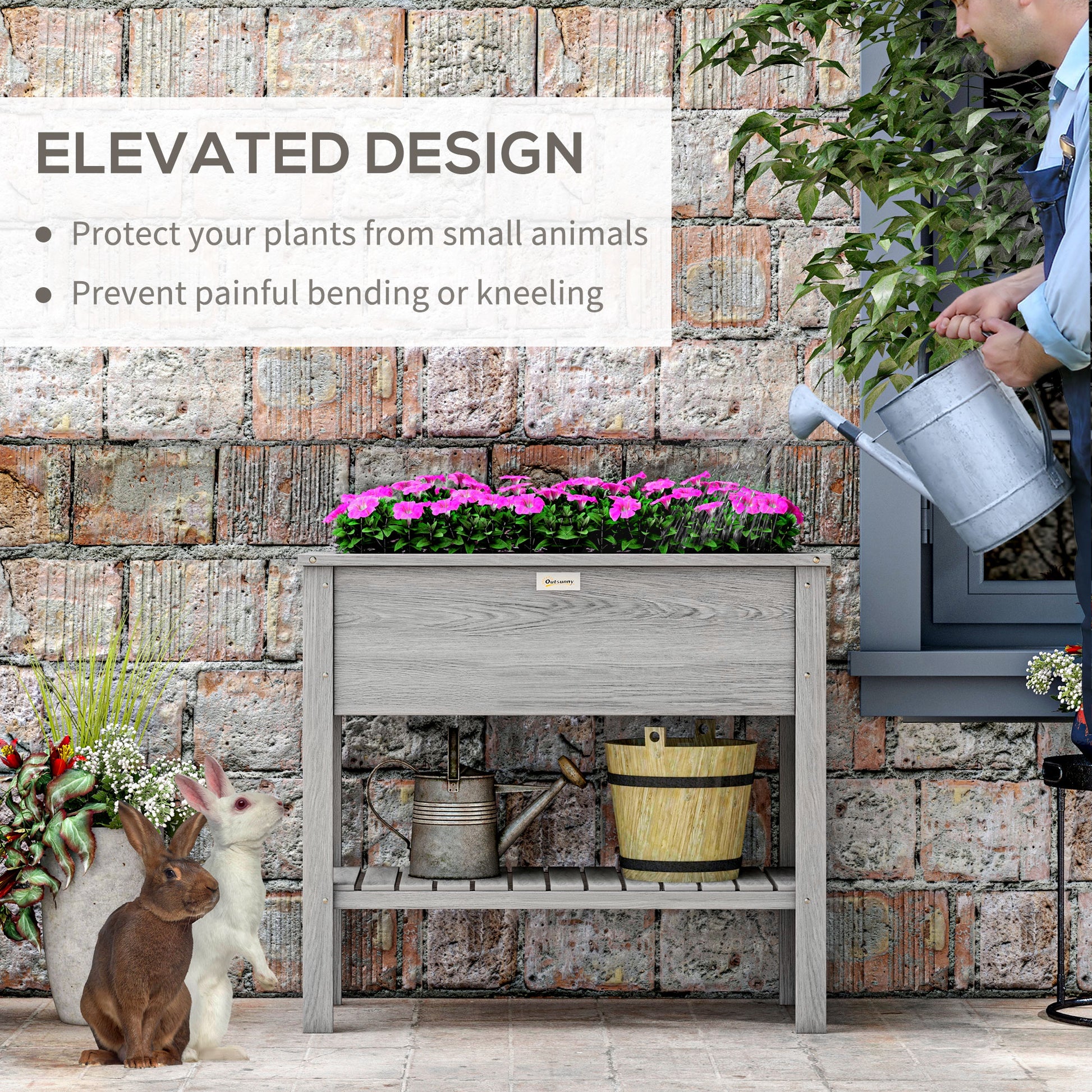 Elevated Planter Box with Storage Shelf for Flowers, Vegetables, and Herbs, 36" x 16" x 32", Grey