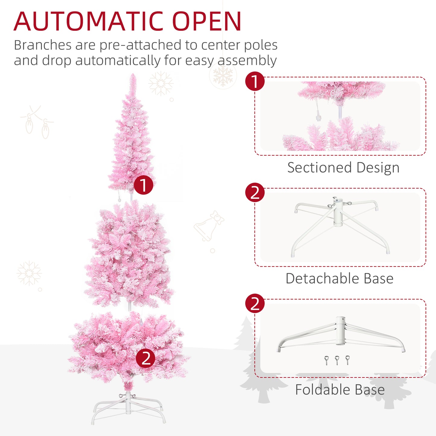 6 Foot Prelit Snow Flocked Artificial Christmas Tree with Pencil Shape, 500 Pine Realistic Branches, Warm White LED lights, Auto Open, Pink and White
