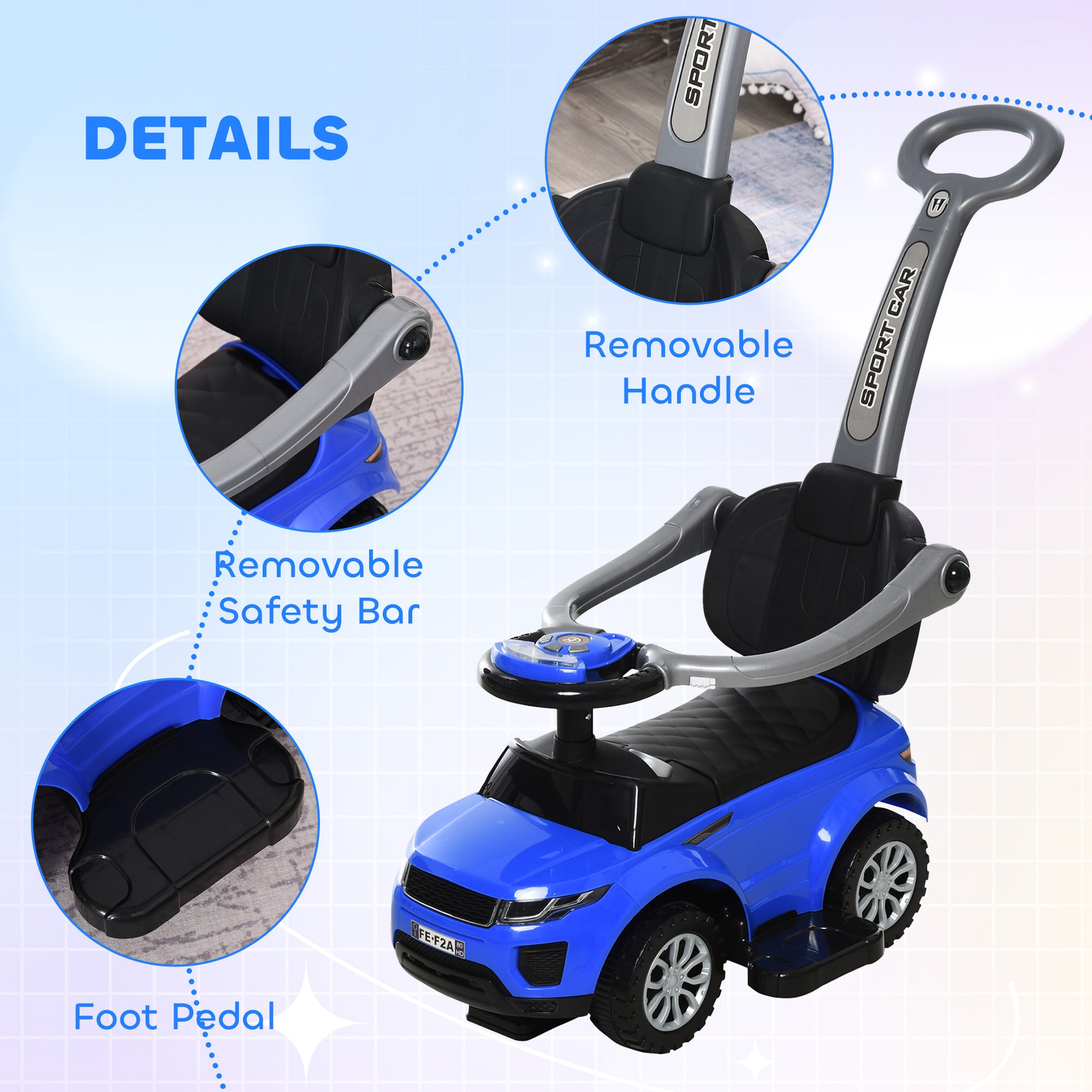 Aosom 3 in 1 Kid Ride on Push Car, Toddlers Sliding Walking Car, with Horn, Music, Light, Parent Control Handle, Secure Bar, Under Seat Storage, for Boy Girl 18-36 Months, Blue