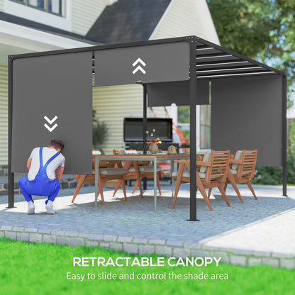 10' x 13' Outdoor Patio Pergola with Sliding Roof, LED Lights, Solar Powered for Garden, Lawn, Backyard, Dark Grey