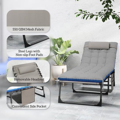 Outdoor Lounge Chair Set of 2, Folding Chaise Lounge Tanning Chair with Cushion, Side Pocket, Brown/Blue