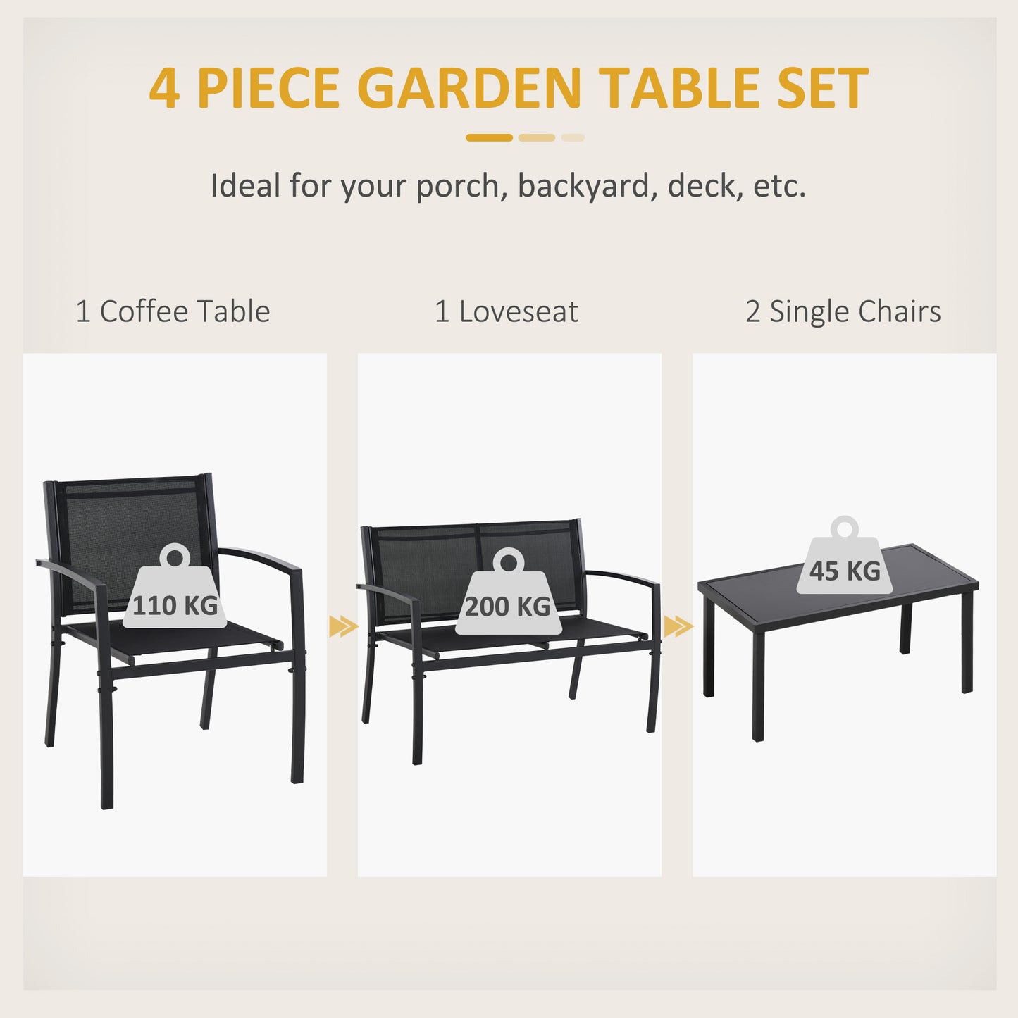 4-Piece Patio Furniture Set with Glass Top Coffee Table, Breathable Mesh Seat & Backrest for Garden, Balcony, Black