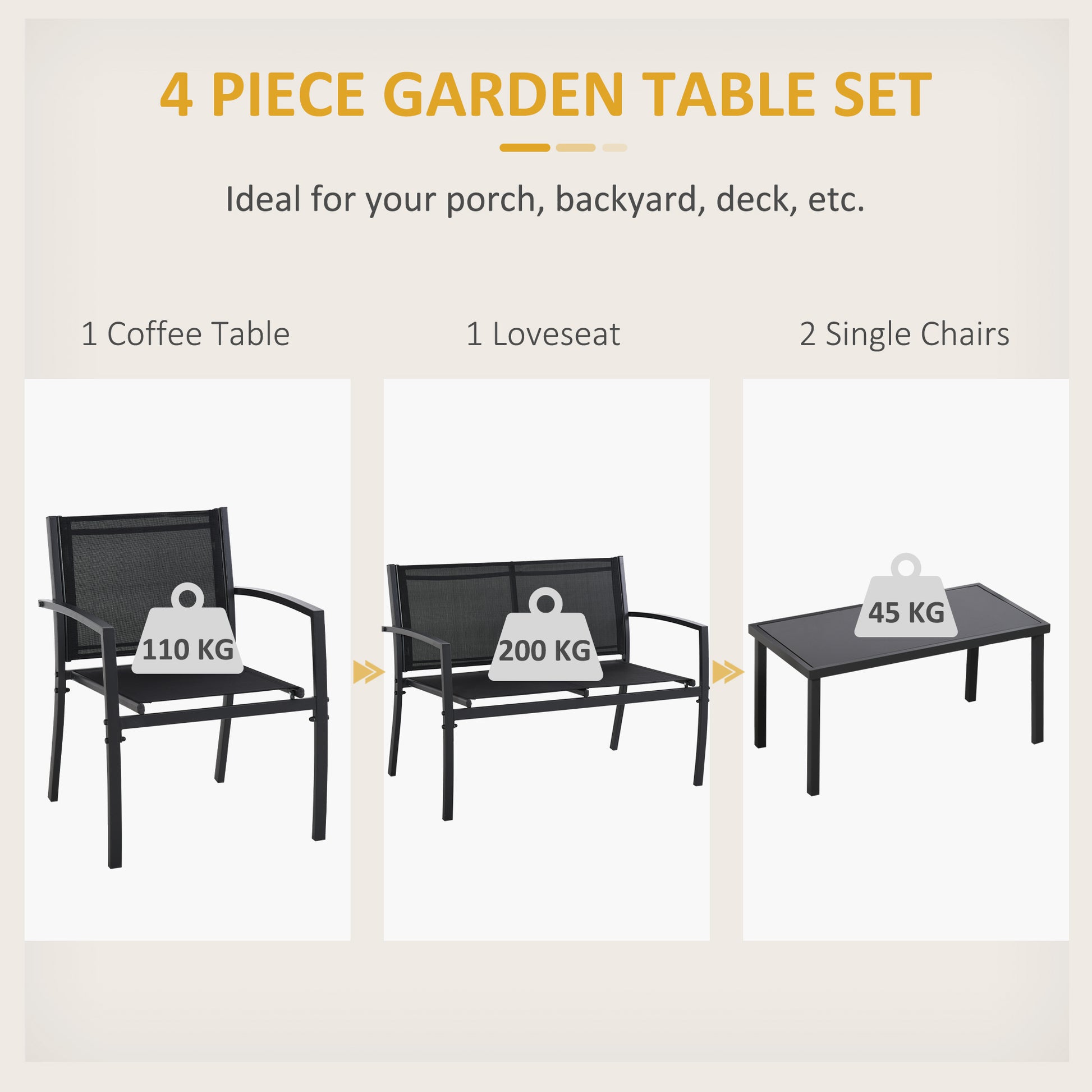 4-Piece Patio Furniture Set with Glass Top Coffee Table, Breathable Mesh Seat & Backrest for Garden, Balcony, Black