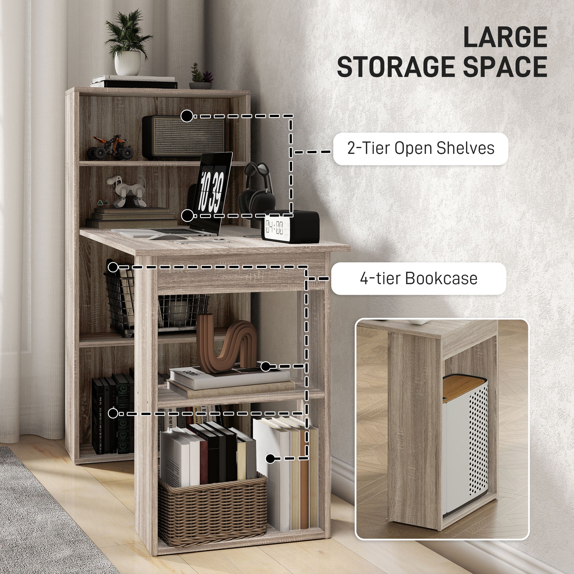 Computer Desk with Storage, PC Table with Bookshelf for Home Office, Study Room, Oak