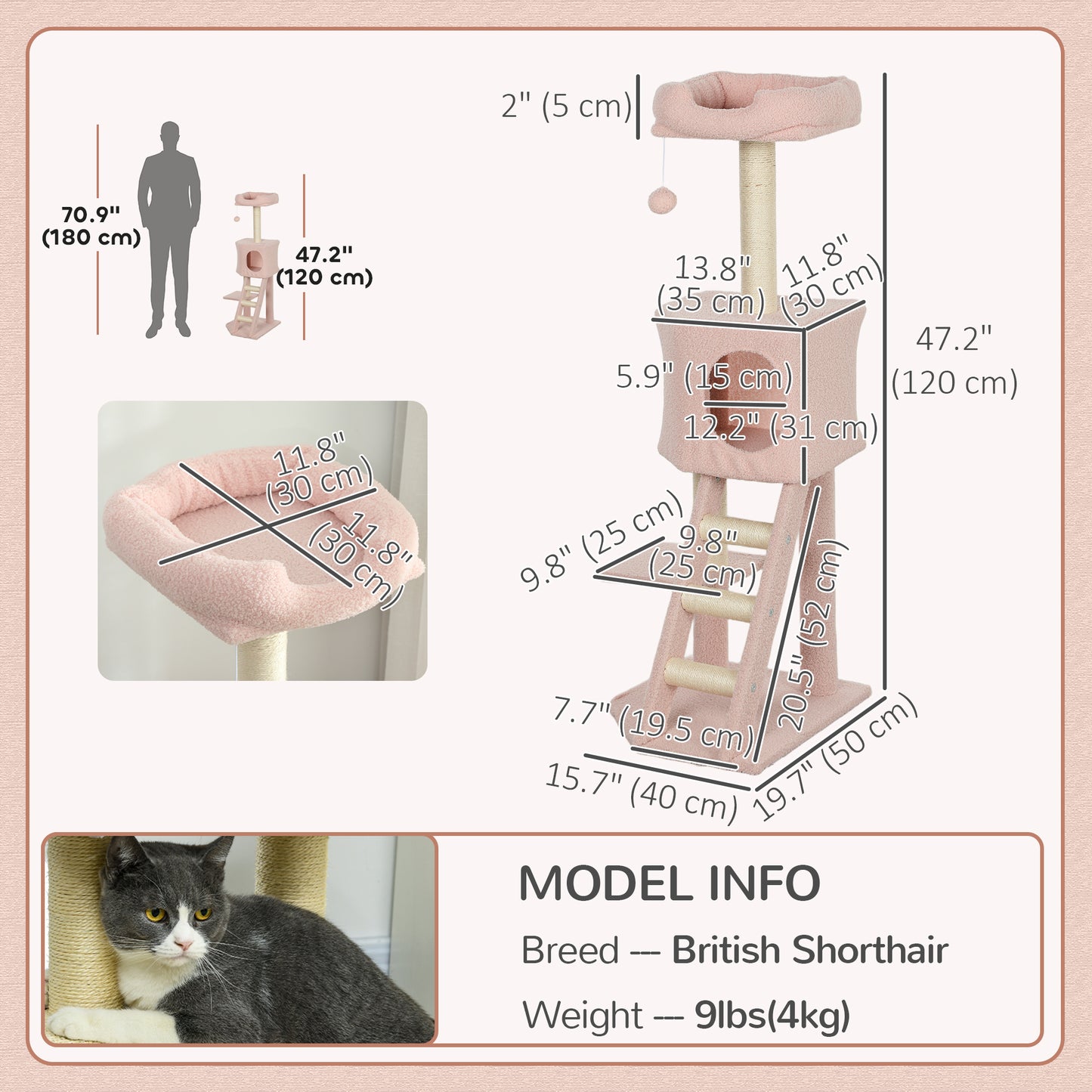 47" Tall Cat Tree Tower with Condo, Ladder, Scratching Posts and Hanging Ball, Pink
