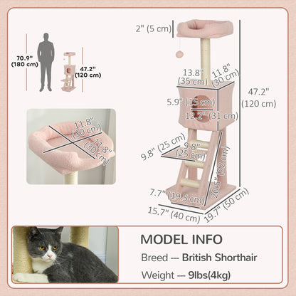 47" Tall Cat Tree Tower with Condo, Ladder, Scratching Posts and Hanging Ball, Pink