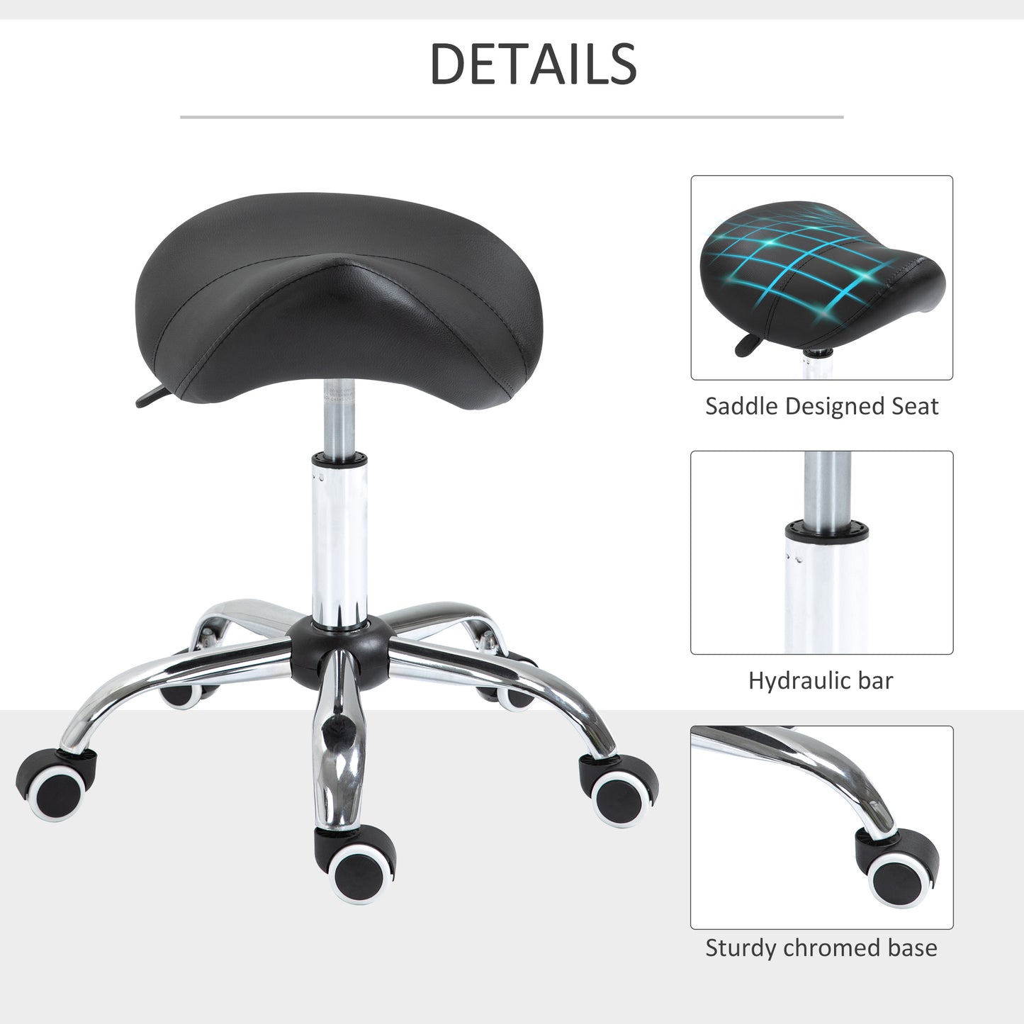 Adjustable Hydraulic Rolling Salon Stool Swivel Saddle Chair Spa Beauty Seat PU Leather, Black