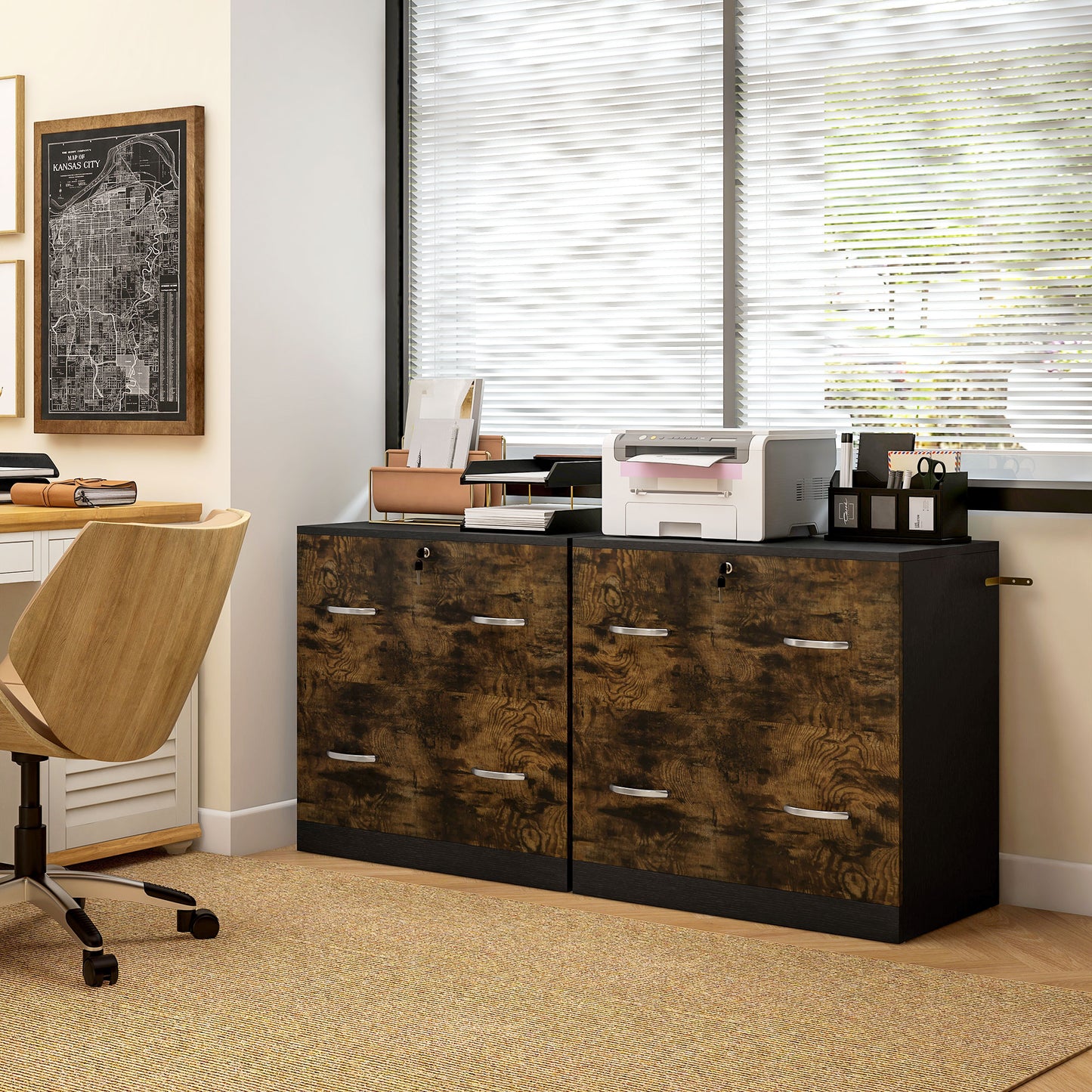 2 Drawer File Cabinet with Lock, Office Filing Cabinet, Hanging Bar for Letter Size, Home Office, Rustic Brown