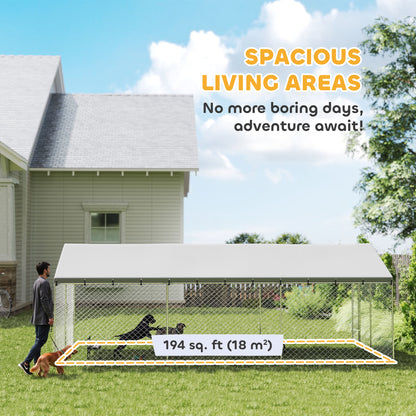 Galvanized Steel Outdoor Dog Kennel with Roof, Safety Locks, for Backyard, 19.7' x 9.8' x 7.1'