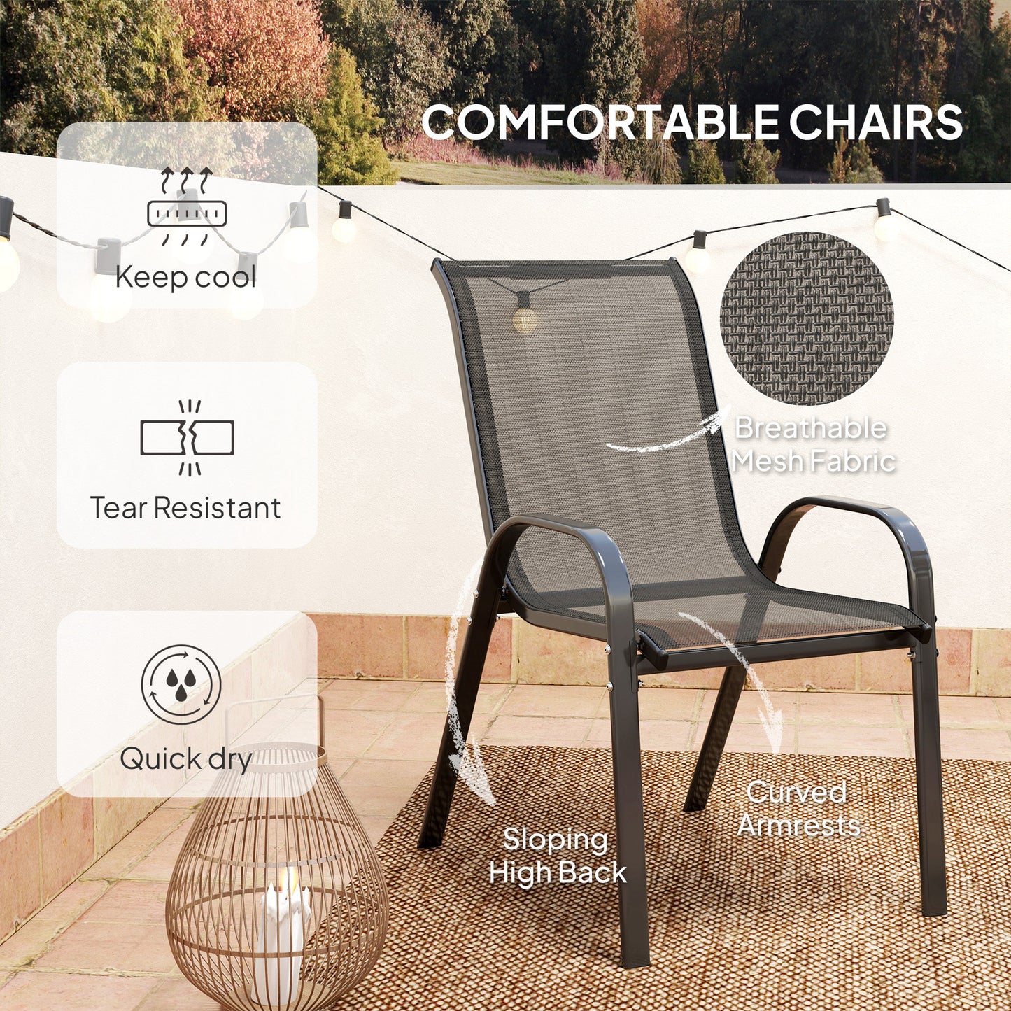 3 Pieces Bistro Set, Small Patio Furniture Set with Stackable Mesh Chairs, Glass Table for Garden, Balcony, Black
