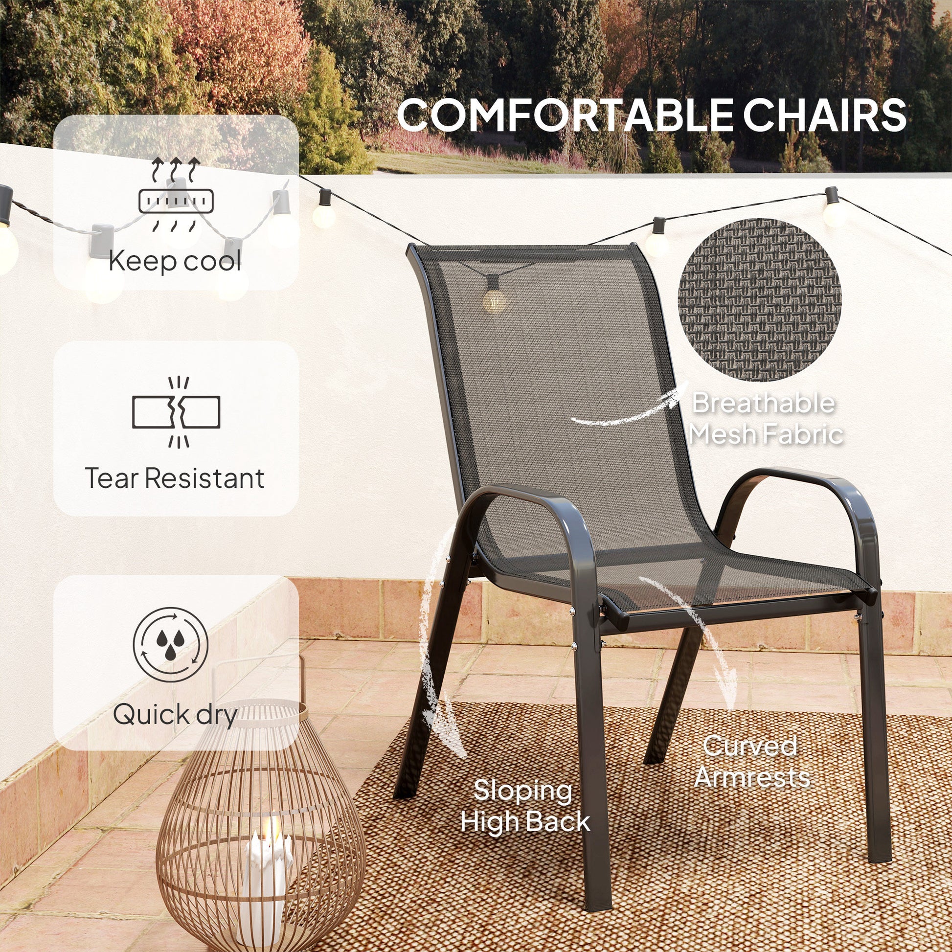 3 Pieces Bistro Set, Small Patio Furniture Set with Stackable Mesh Chairs, Glass Table for Garden, Balcony, Black