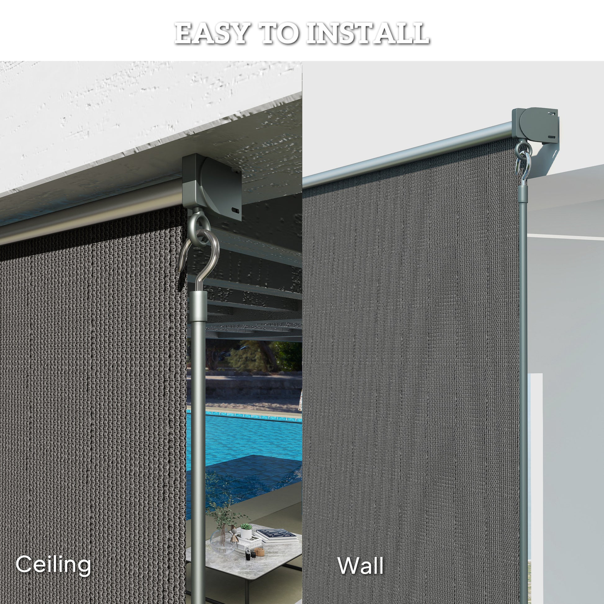 8' x 6' Patio Door Blinds, Outdoor Roller Shades, Cordless Roll Up Shade for Porch Gazebo, Dark Grey