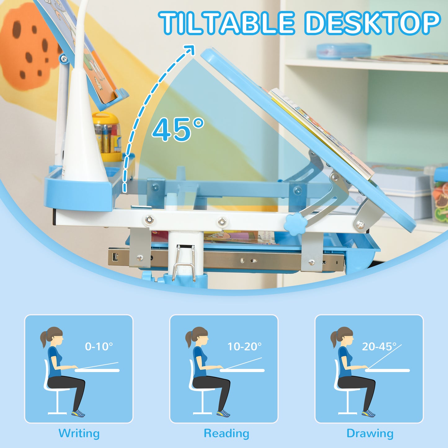 Qaba Kids Desk and Chair Set Height Adjustable Student Writing Desk Children School Study Table with Tilt Desktop, Blue