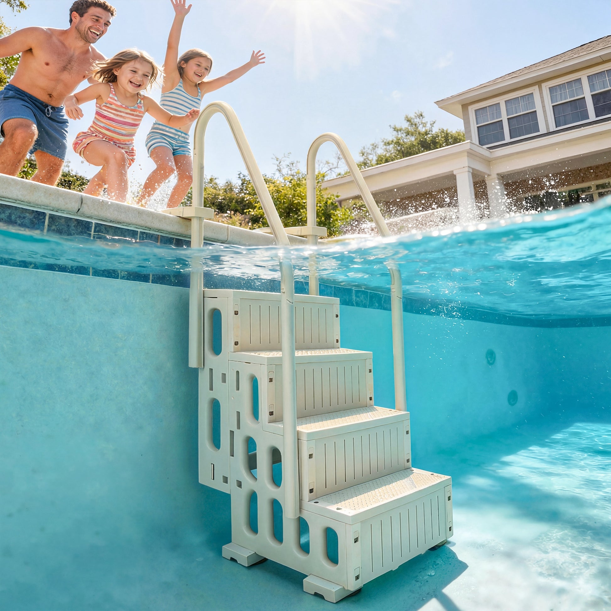 Swimming Pool Ladder Adjustable for Above Ground Pools w/ Non-Slip Steps & Dual Handrails 4-Step Cream White