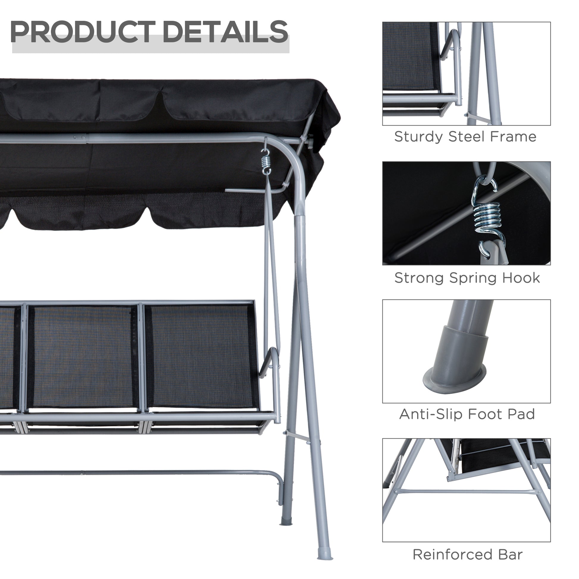 3-Seater Patio Swing, Outdoor Swing Chair, A Frame Porch Swing with Canopy Garden Hammock Glider Bed, Black
