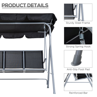 3-Seater Patio Swing, Outdoor Swing Chair, A Frame Porch Swing with Canopy Garden Hammock Glider Bed, Black