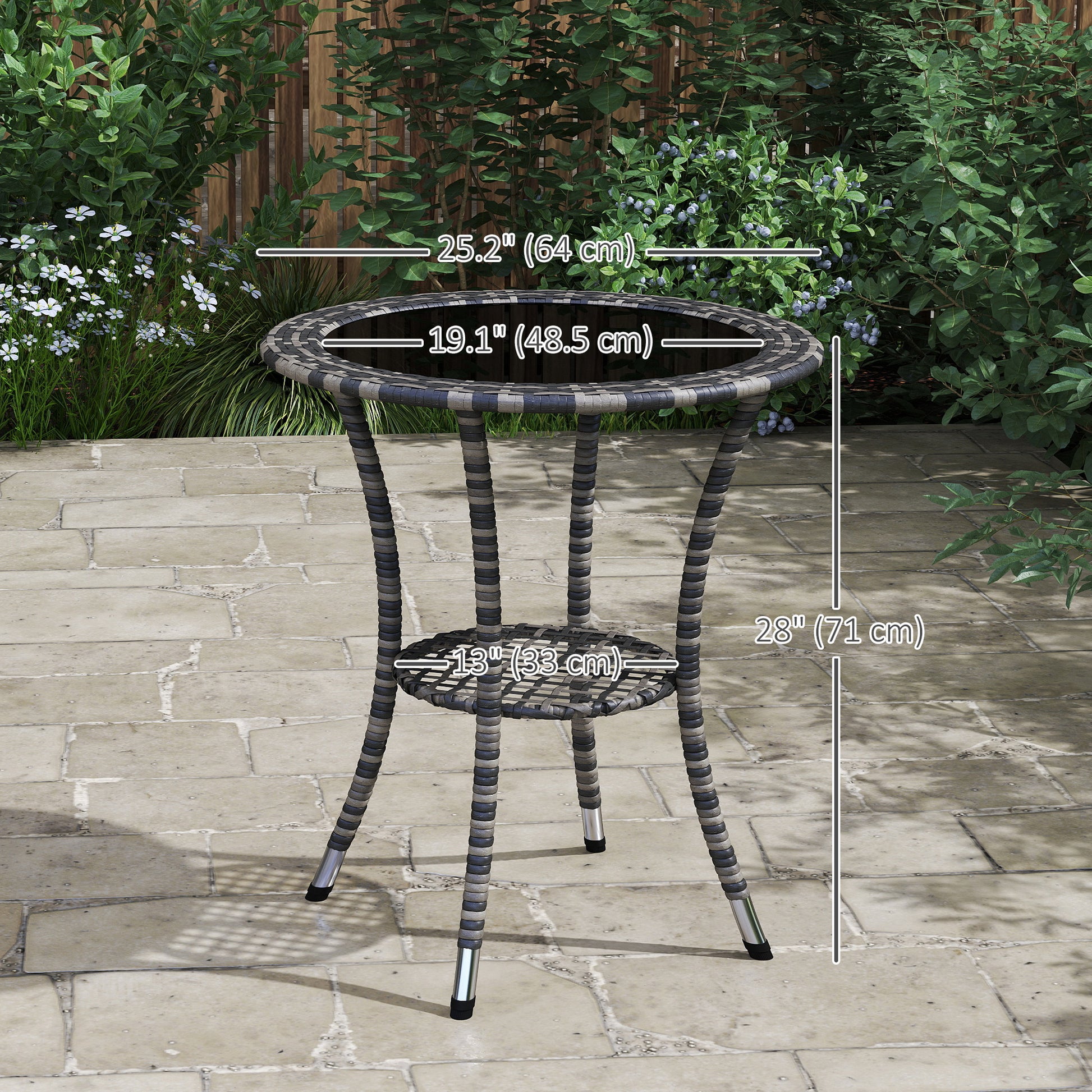 Outdoor Rattan Dining Table, Patio Wicker Round Coffee Table with 2-Tier Storage Shelf, Mixed Grey