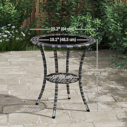Outdoor Rattan Dining Table, Patio Wicker Round Coffee Table with 2-Tier Storage Shelf, Mixed Grey