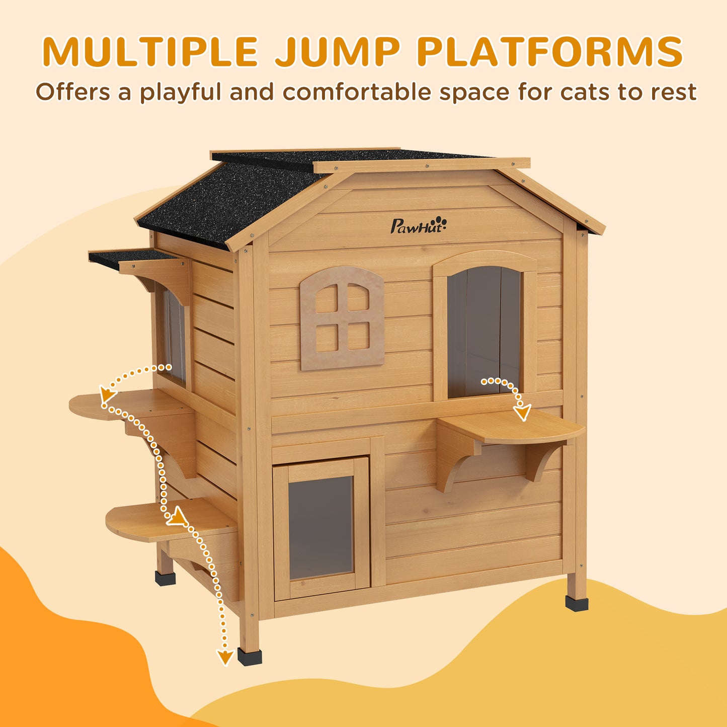 2-Storey Outdoor Cat House, Wooden Catio with Openable Roof, Lounge Space, Fun Entrances, for Feral Cats, Yellow