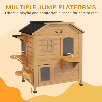 2-Storey Outdoor Cat House, Wooden Catio with Openable Roof, Lounge Space, Fun Entrances, for Feral Cats, Yellow