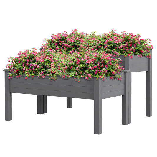 2 Tiers Wood Plant Raised Bed Flower Vegetable Herb Grow Box Stand Garden Step Planter Stand Free Combination Grey
