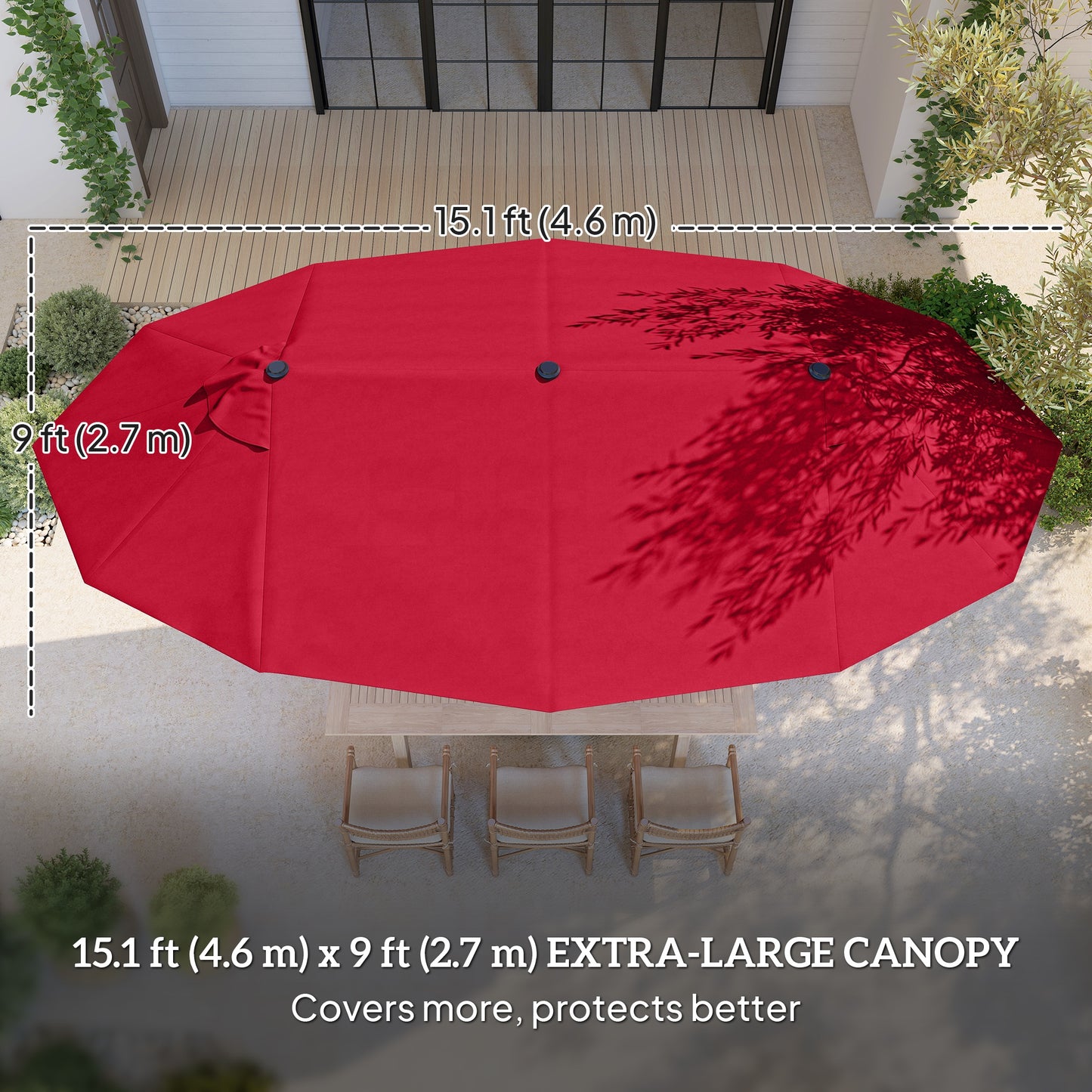 15' Outdoor Patio Umbrella with Twin Canopy Sunshade Steel Table Umbrella with Lift Crank, Cross base, Sandbag, Wine Red