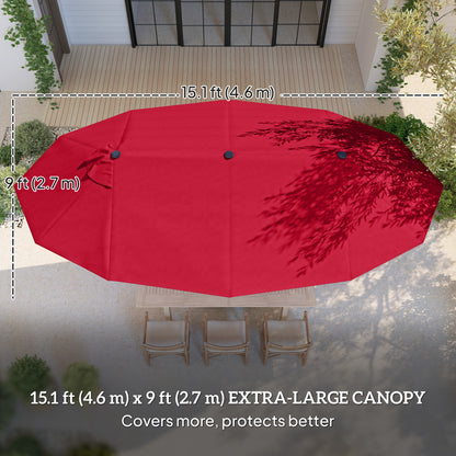 15' Outdoor Patio Umbrella with Twin Canopy Sunshade Steel Table Umbrella with Lift Crank, Cross base, Sandbag, Wine Red