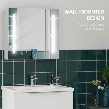 LED Medicine Cabinet with Mirror and Lights, 27.5" x 25.5" Lighted Bathroom Wall Cabinet, Bathroom Mirror Cabinet with Adjustable Shelf, USB Charge, White