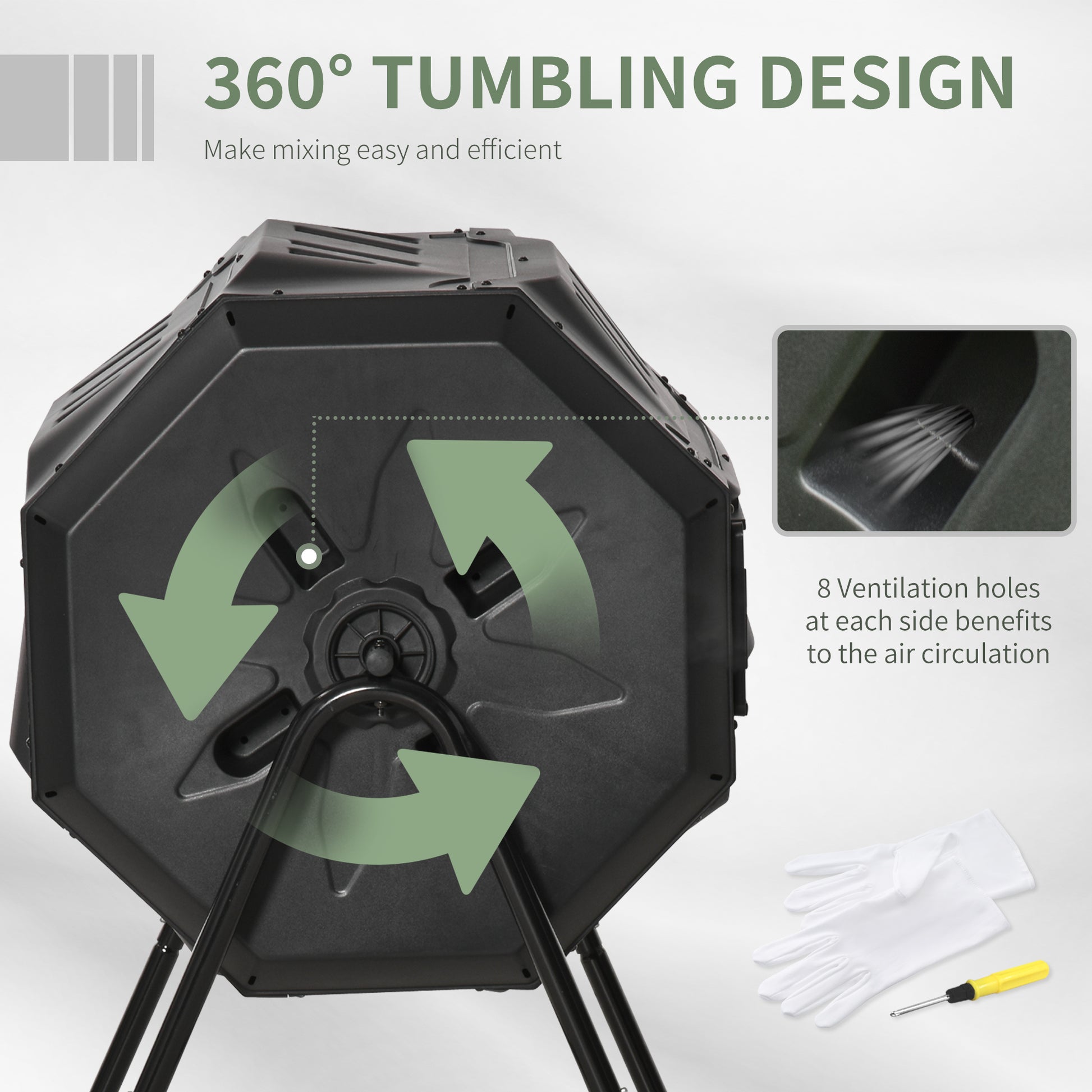 43 Gallon (160L) Tumbling Compost Bin Outdoor Dual Chamber 360° Rotating Composter with Sliding Doors, Solid Steel Frame and Gloves, Black